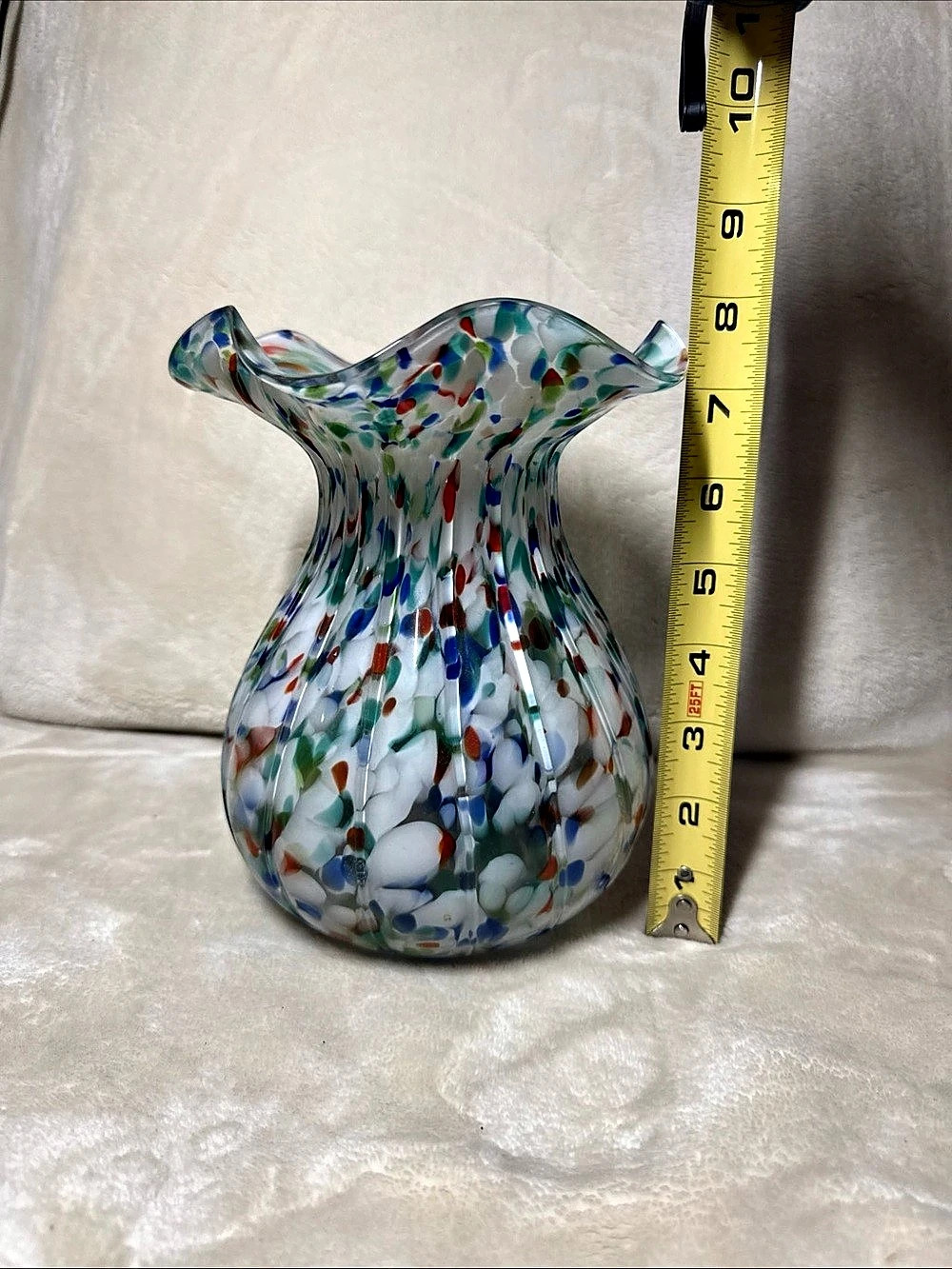 Hand-Blown Art Glass Vase with Ruffled Rim Confetti Speckled Design